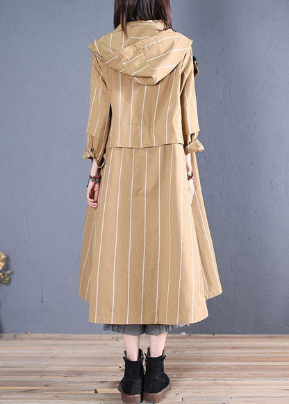 Boutique Coats Fall Khaki Striped Hooded Zippered Overcoat