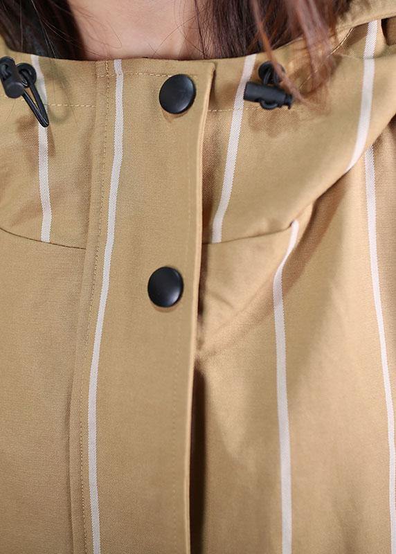 Boutique Coats Fall Khaki Striped Hooded Zippered Overcoat
