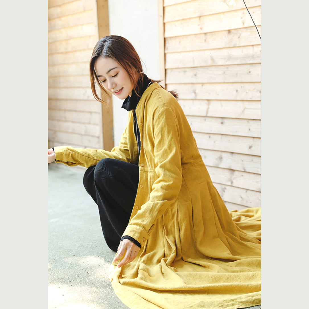 Boutique Yellow Coats Stand Collar Trench Coat Cinched Large Hem Coat