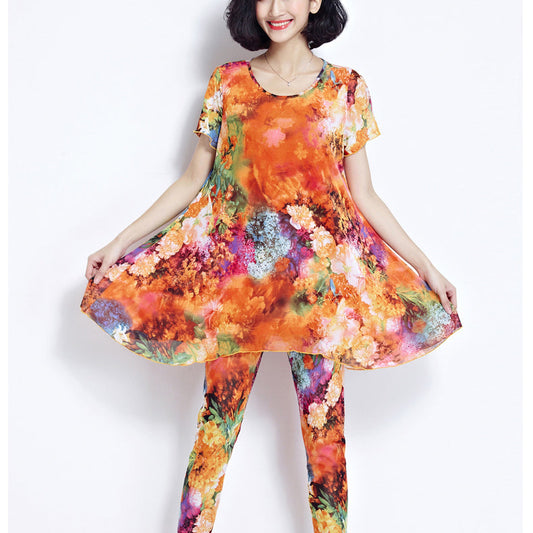 Boutique Yellow Prints Pure Cotton Tops Oversize Cotton Clothing Blouses New Short Sleeve Two Pieces and Crop Pants
