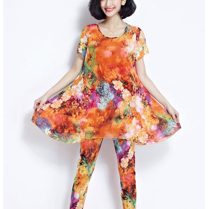 Boutique Yellow Prints Pure Cotton Tops Oversize Cotton Clothing Blouses New Short Sleeve Two Pieces and Crop Pants