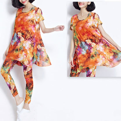Boutique Yellow Prints Pure Cotton Tops Oversize Cotton Clothing Blouses New Short Sleeve Two Pieces and Crop Pants