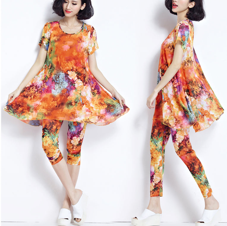 Boutique Yellow Prints Pure Cotton Tops Oversize Cotton Clothing Blouses New Short Sleeve Two Pieces and Crop Pants