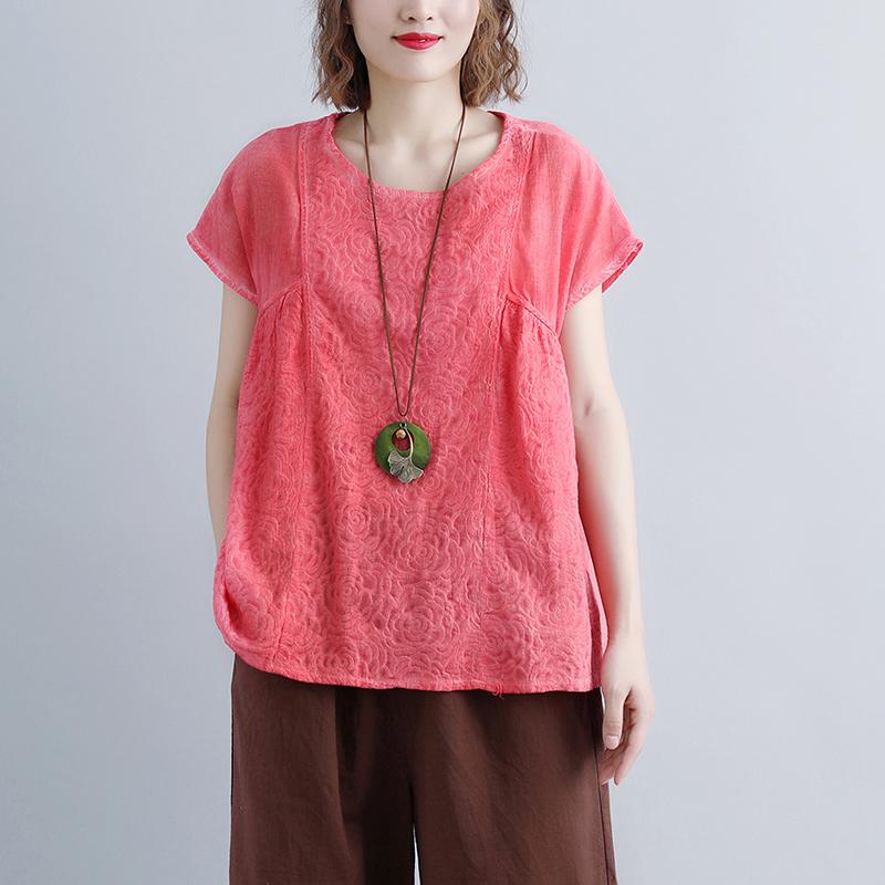 Brief Linen Tops Clothing Summer Short Sleeve Pink Boat Neck Blouse