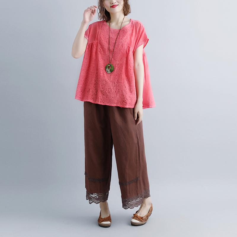 Brief Linen Tops Clothing Summer Short Sleeve Pink Boat Neck Blouse
