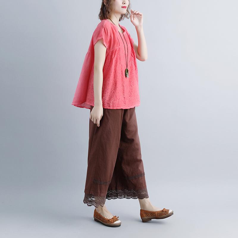 Brief Linen Tops Clothing Summer Short Sleeve Pink Boat Neck Blouse