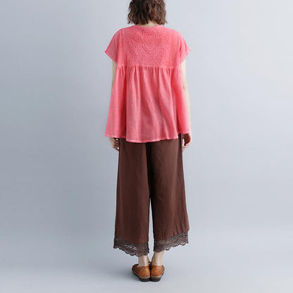 Brief Linen Tops Clothing Summer Short Sleeve Pink Boat Neck Blouse