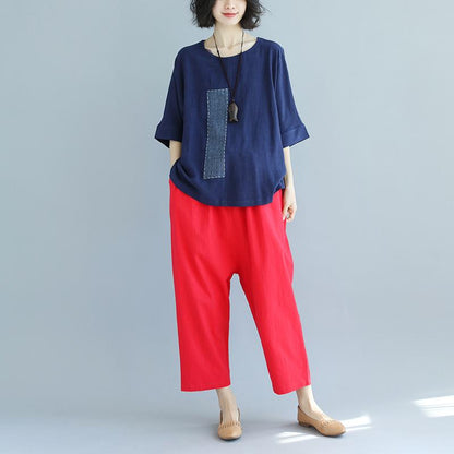Brief Linen Tops Loose Bat Sleeve Round Neck Splicing Linen Shirt