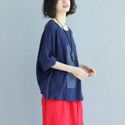 Brief Linen Tops Loose Bat Sleeve Round Neck Splicing Linen Shirt