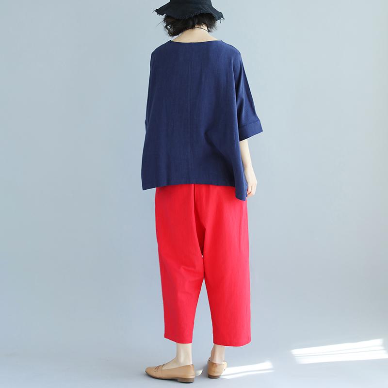 Brief Linen Tops Loose Bat Sleeve Round Neck Splicing Linen Shirt