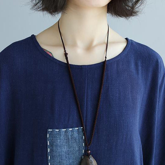 Brief Linen Tops Loose Bat Sleeve Round Neck Splicing Linen Shirt