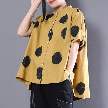 Brief Natural Cotton T Shirt Clothing Stand Collar Short Sleeve Loose Cotton Yellow Shirt