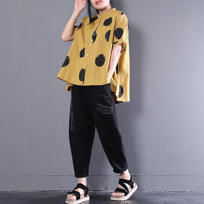 Brief Natural Cotton T Shirt Clothing Stand Collar Short Sleeve Loose Cotton Yellow Shirt