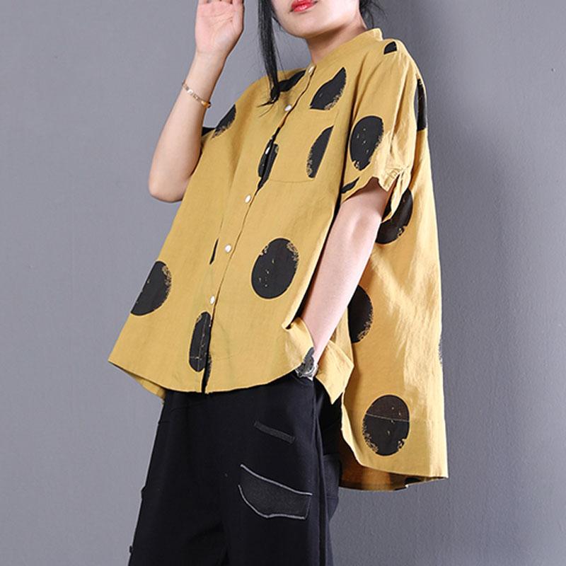 Brief Natural Cotton T Shirt Clothing Stand Collar Short Sleeve Loose Cotton Yellow Shirt