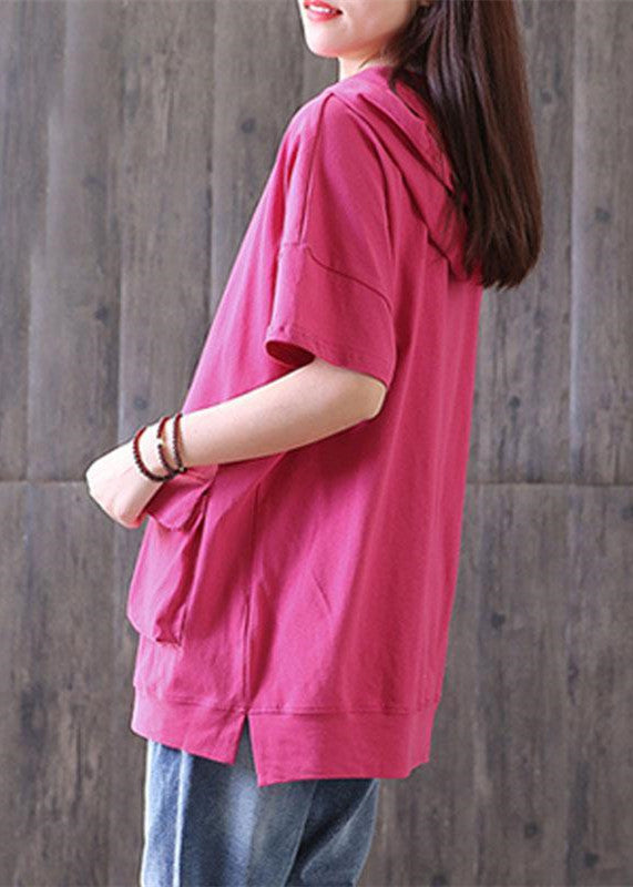 Brief Pure Cotton Blouse Oversize Hooded Short Sleeve Cotton Rose Red Tops