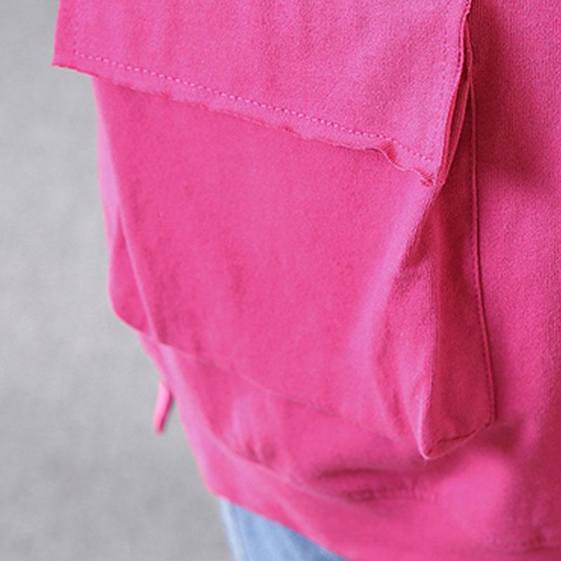 Brief Pure Cotton Blouse Oversize Hooded Short Sleeve Cotton Rose Red Tops