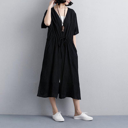 Brief Summer Dress Loose Fitting Loose Short Sleeve Side Slit Black Lacing Dress