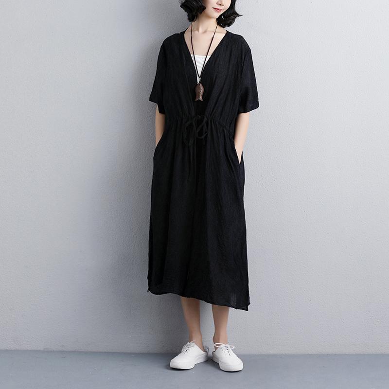 Brief Summer Dress Loose Fitting Loose Short Sleeve Side Slit Black Lacing Dress