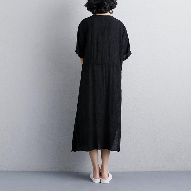Brief Summer Dress Loose Fitting Loose Short Sleeve Side Slit Black Lacing Dress