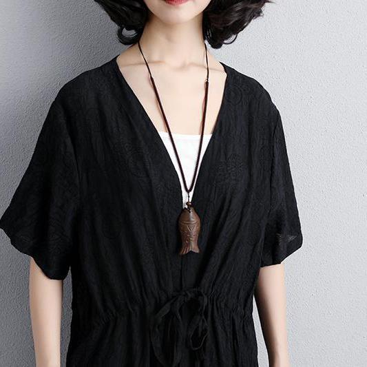 Brief Summer Dress Loose Fitting Loose Short Sleeve Side Slit Black Lacing Dress