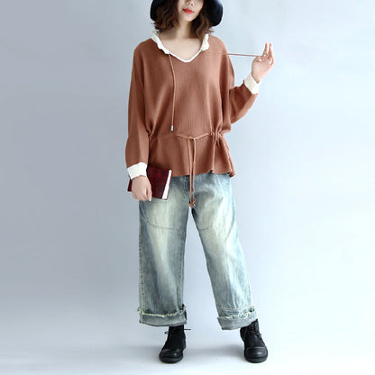 Brown Cotton Sweaters Pullover Drawstring Long Sleeve Knit Tops