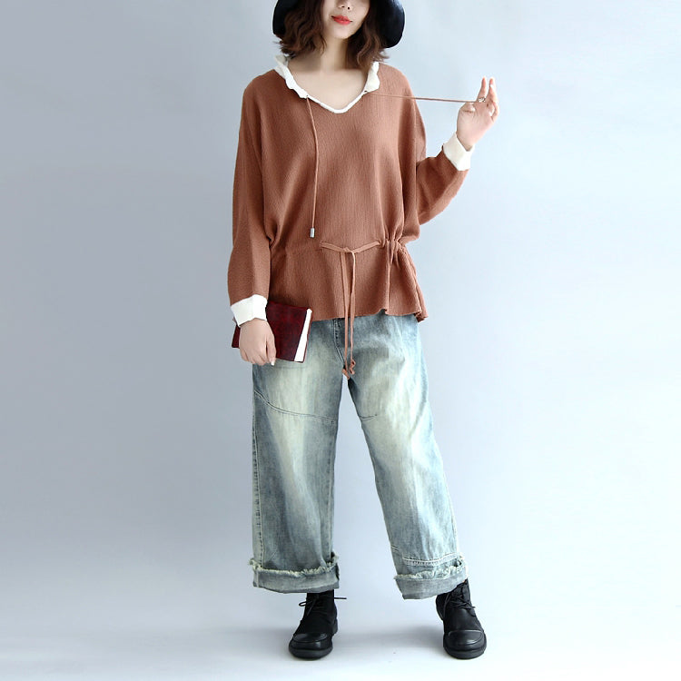 Brown Cotton Sweaters Pullover Drawstring Long Sleeve Knit Tops