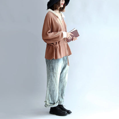 Brown Cotton Sweaters Pullover Drawstring Long Sleeve Knit Tops