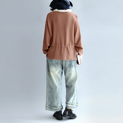 Brown Cotton Sweaters Pullover Drawstring Long Sleeve Knit Tops