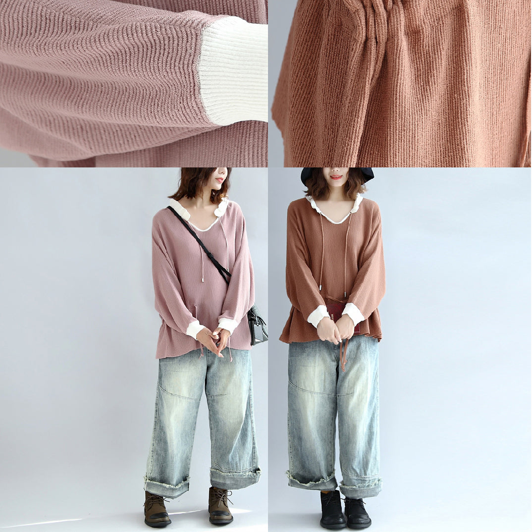 Brown Cotton Sweaters Pullover Drawstring Long Sleeve Knit Tops
