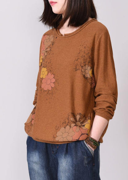 Brown Prints Knit Jacket Oversized Autumn Knitwear O Neck