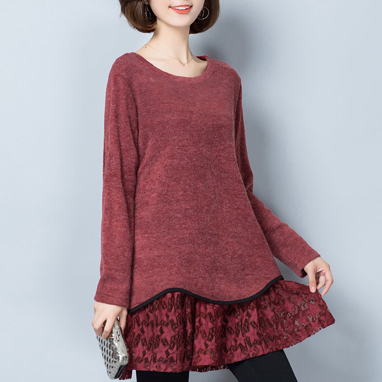 Burgundy False Two Pieces Knit Pullover Dresses O Neck Mid Dress