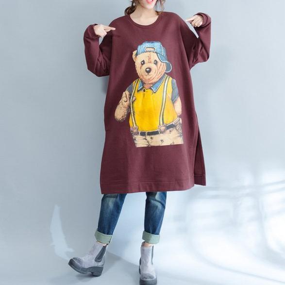 Burgundy Cotton Traveling Dress Oversize O Neck Cartoon Print Maternity Dress