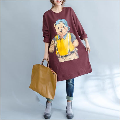 Burgundy Cotton Traveling Dress Oversize O Neck Cartoon Print Maternity Dress