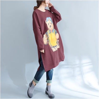 Burgundy Cotton Traveling Dress Oversize O Neck Cartoon Print Maternity Dress