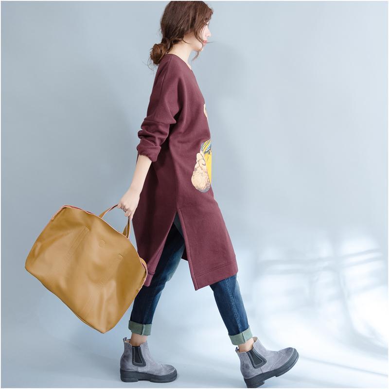 Burgundy Cotton Traveling Dress Oversize O Neck Cartoon Print Maternity Dress