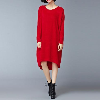 Burgundy Low High Cotton Knit Dresses Sweater Dress