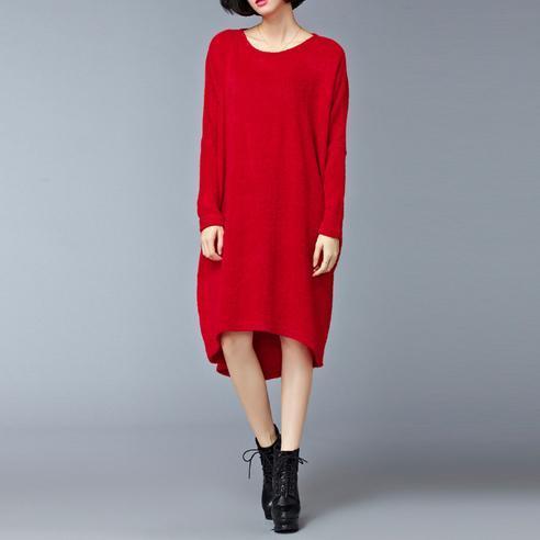 Burgundy Low High Cotton Knit Dresses Sweater Dress