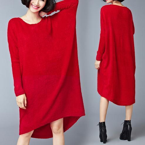 Burgundy Low High Cotton Knit Dresses Sweater Dress