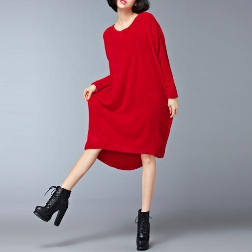 Burgundy Low High Cotton Knit Dresses Sweater Dress