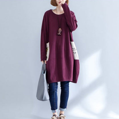 Burgundy Pockets Prints Cotton Dress O Neck Baggy Dress