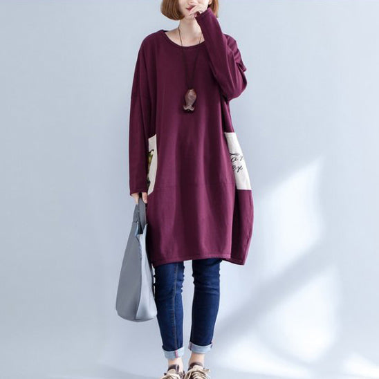Burgundy Pockets Prints Cotton Dress O Neck Baggy Dress