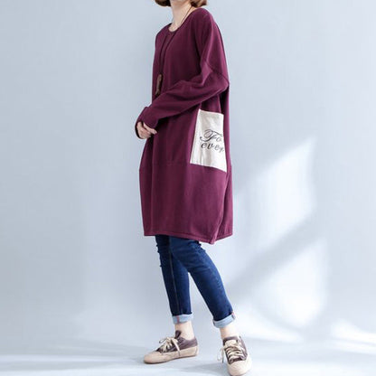Burgundy Pockets Prints Cotton Dress O Neck Baggy Dress