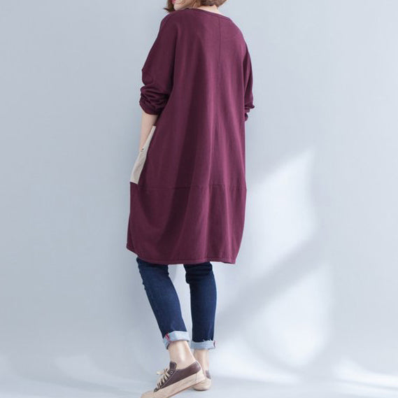 Burgundy Pockets Prints Cotton Dress O Neck Baggy Dress