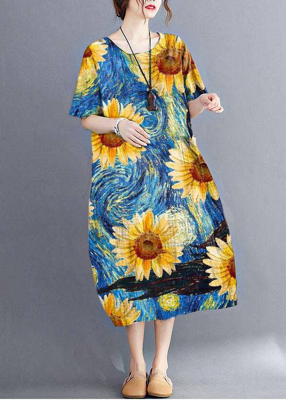 Stylish Blue Flower O Neck Plaid Maxi Dresses Cotton Linen Summer