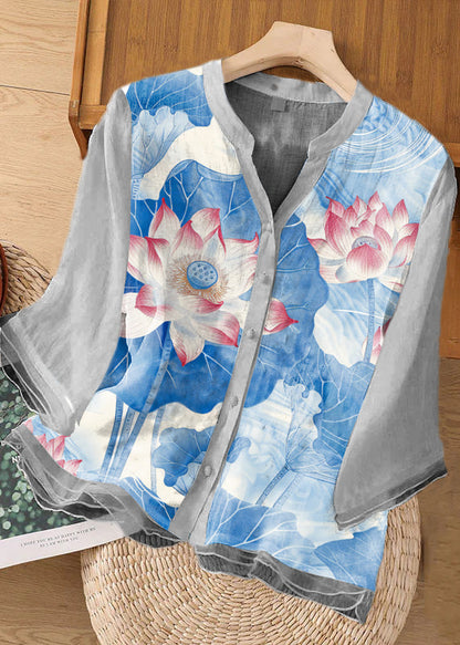 Blue Flower Embroidered Button Patchwork Linen Top Bracelet Sleeve