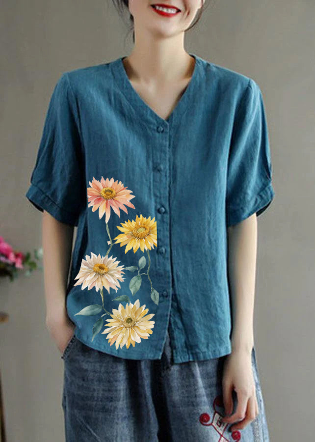 Loose Pink V Neck Embroidered Summer Cotton Blend Shirt