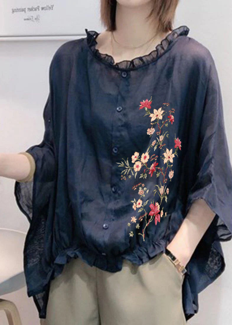 Art Navy Tops Ruffles Trim Half Sleeve Shirts Blouse