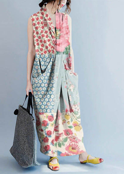 V Neck Sleeveless Loose Long Dress Split Hem Blue Flowers Long Tank