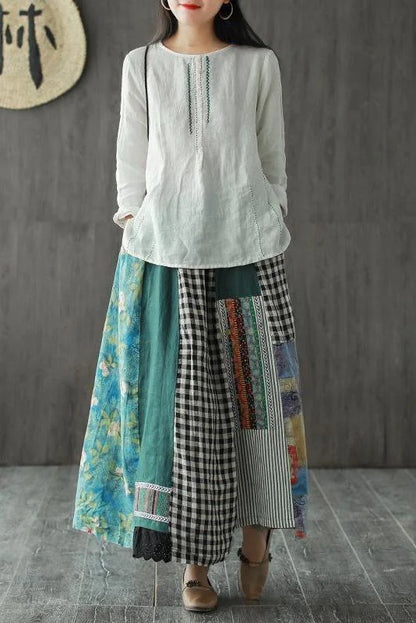 100% Linen A-line Skirt With Irregular Print Stitching