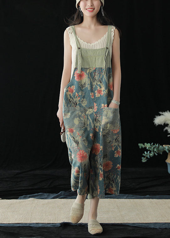 Blue Pockets Patchwork Print Cotton Denim Wide Leg Pants Jumpsuit